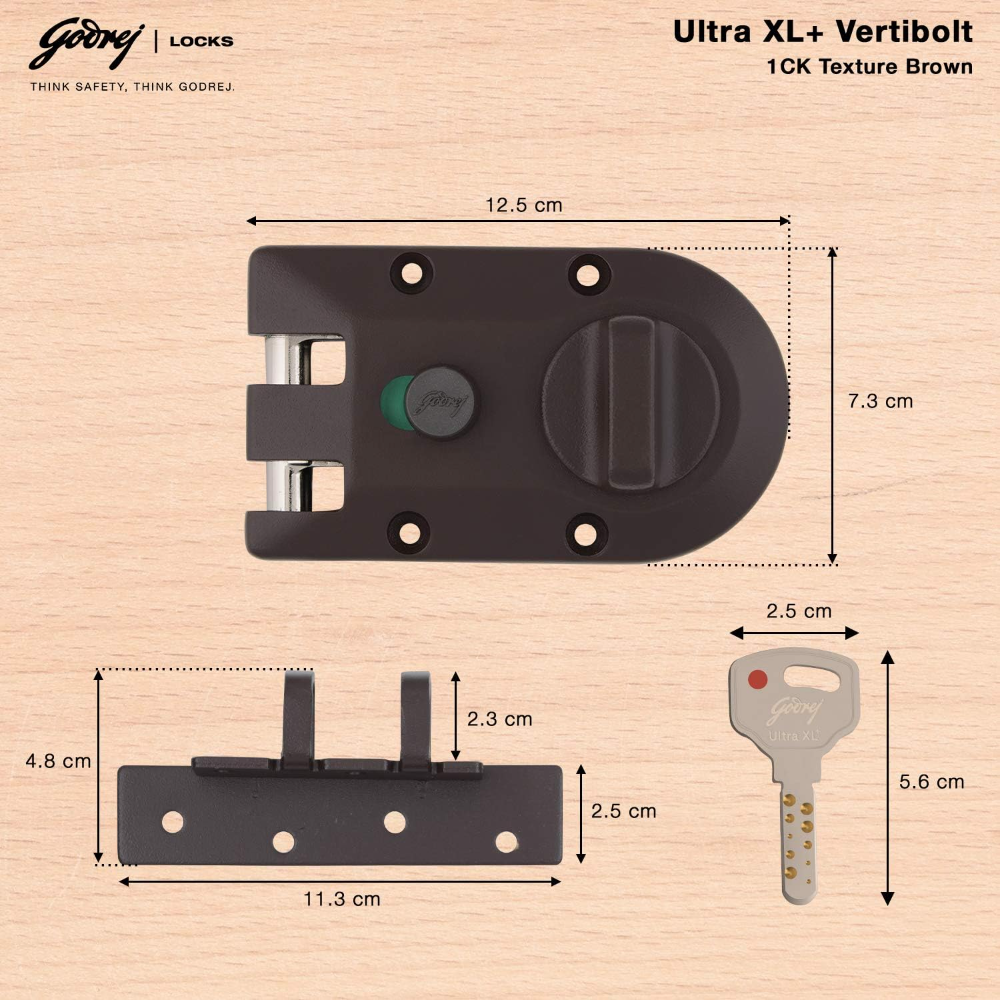Godrej Rim Lock l Vertibolt Ultra XL plus   I 1CK Deadbolt l For Inside Opening, Double and Sliding Wooden Doors l Left or Right-Handed Doors l 4 Keys Manual Locking I Textured Brown Finish | 5-Year Warranty